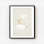 affiche avec un lapin marron dans un nuage blanc a cote dun petit cercle sourian avec cadre.webp
