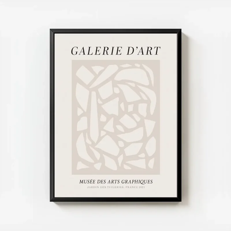 affiche avec un motif abstrait beige et texte noir style typographie sur fond cl avec cadre.webp