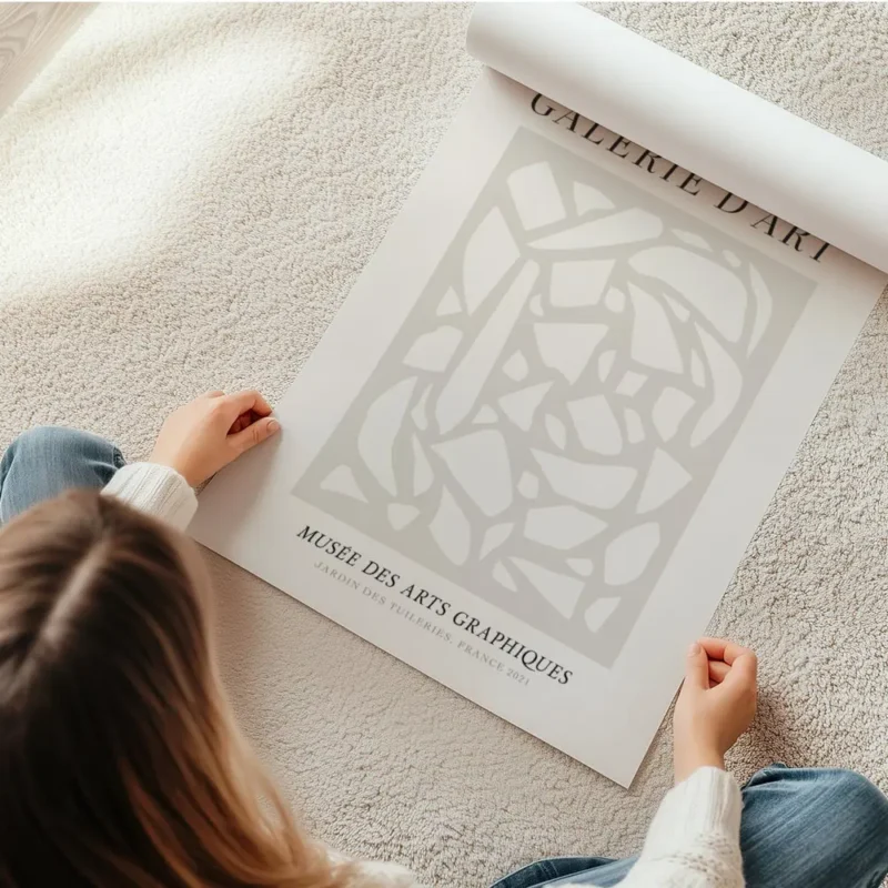 affiche avec un motif abstrait beige et texte noir style typographie sur fond cl en rouleau.webp
