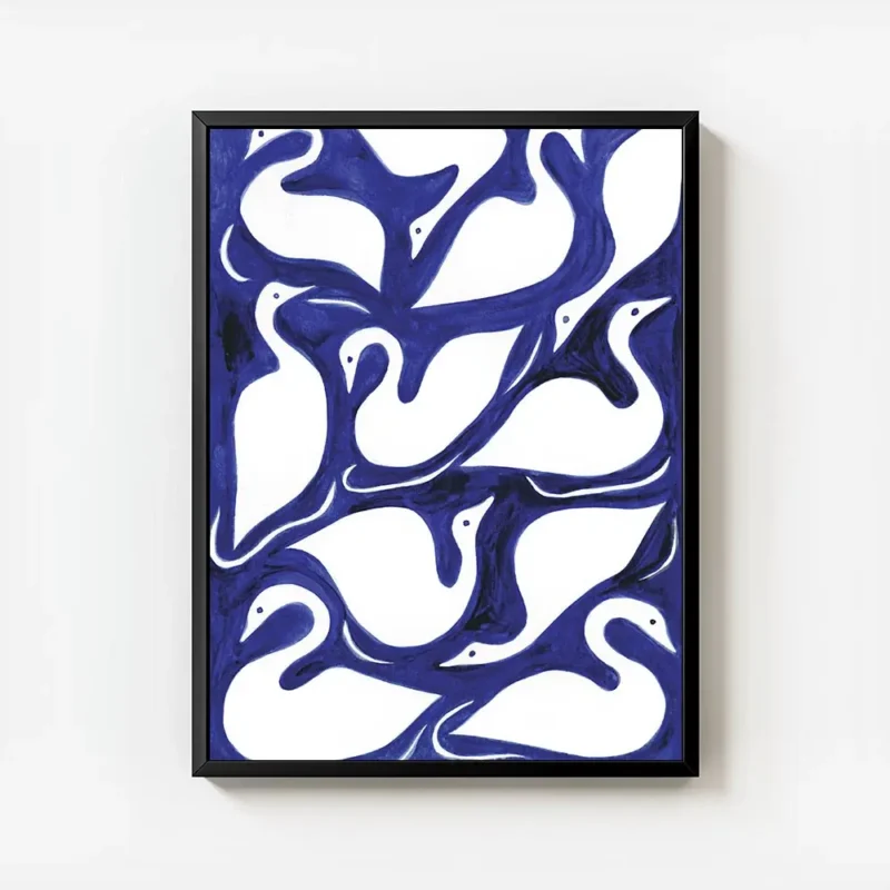 affiche avec un motif de cygnes blancs stylises sur fond bleu cobalt avec cadre.webp