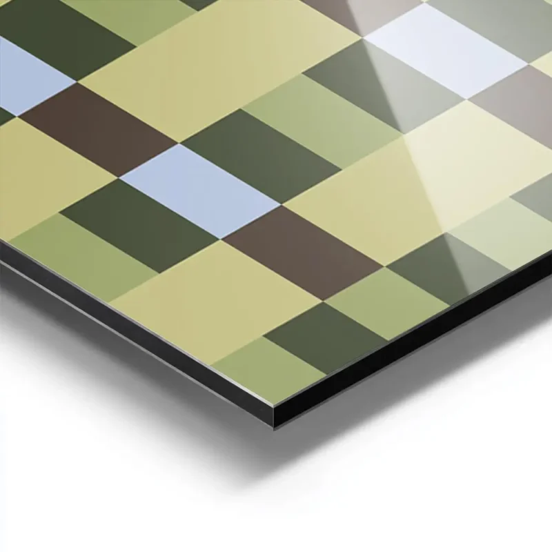 affiche avec un motif de damier compose de carres vert olive vert fonce beige et aluminium.webp