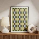affiche avec un motif de damier compose de carres vert olive vert fonce beige et meuble.webp