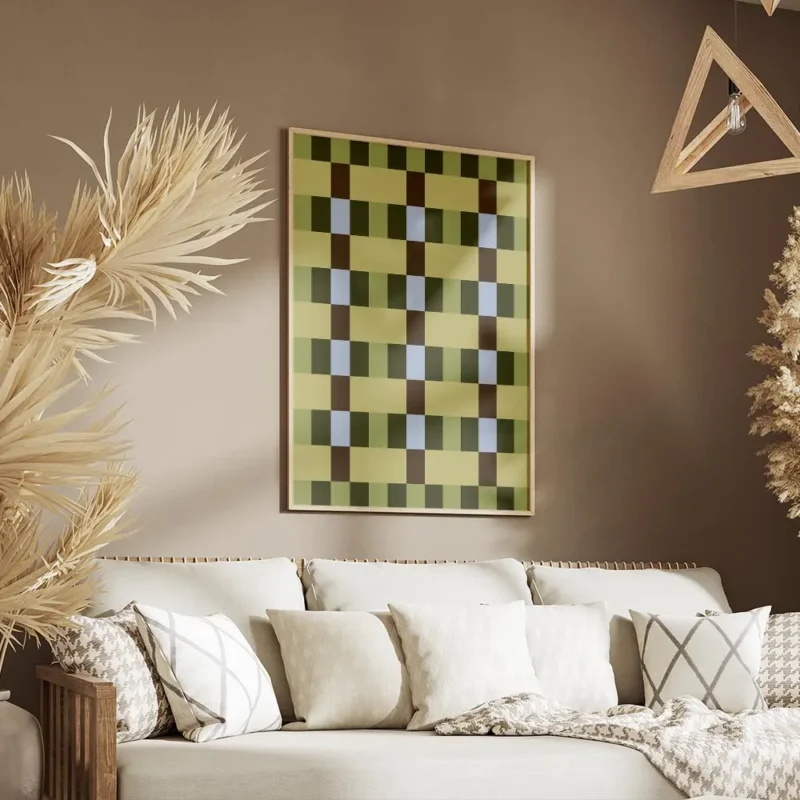 affiche avec un motif de damier compose de carres vert olive vert fonce beige et salon.webp
