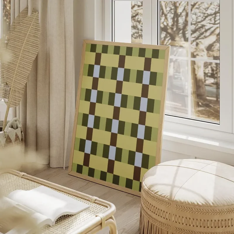 affiche avec un motif de damier compose de carres vert olive vert fonce beige et salon beige.webp