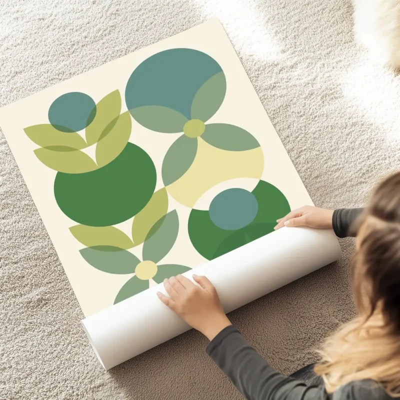 affiche avec un motif de fleurs geometriques vertes bleues et jaunes sur fond cl au sol.webp