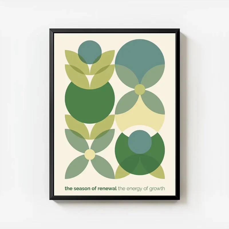 affiche avec un motif de fleurs geometriques vertes bleues et jaunes sur fond cl avec cadre.webp
