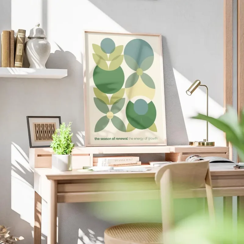 affiche avec un motif de fleurs geometriques vertes bleues et jaunes sur fond cl bureau.webp