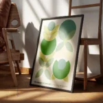 affiche avec un motif de fleurs geometriques vertes bleues et jaunes sur fond cl encadre.webp