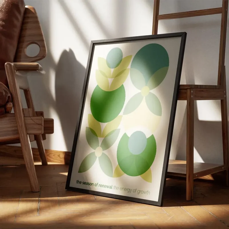 affiche avec un motif de fleurs geometriques vertes bleues et jaunes sur fond cl encadre.webp