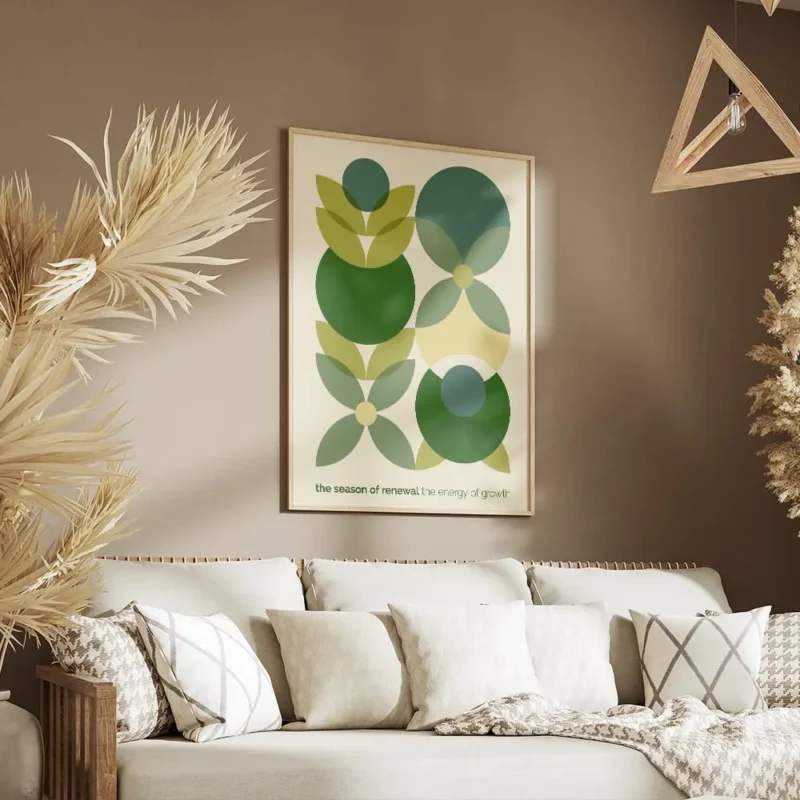 affiche avec un motif de fleurs geometriques vertes bleues et jaunes sur fond cl salon.webp