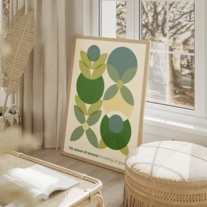 affiche avec un motif de fleurs geometriques vertes bleues et jaunes sur fond cl salon beige.webp