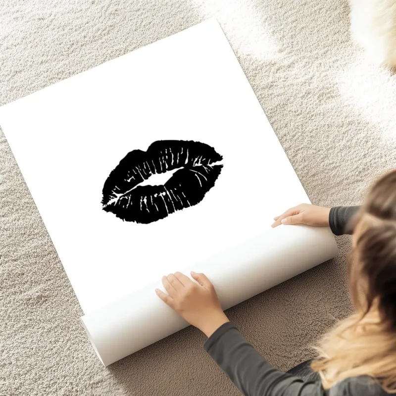 affiche avec un motif de levres noires sur fond blanc style typographie au sol.webp