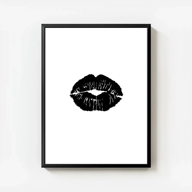 affiche avec un motif de levres noires sur fond blanc style typographie avec cadre.webp