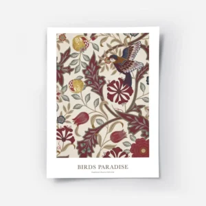 affiche avec un motif doiseau et de fleurs rouges grises et beiges sur un fond c.webp