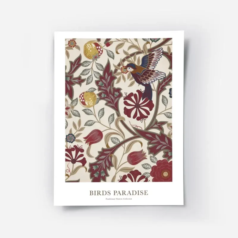 affiche avec un motif doiseau et de fleurs rouges grises et beiges sur un fond c.webp