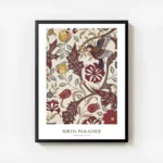 affiche avec un motif doiseau et de fleurs rouges grises et beiges sur un fond c avec cadre.webp