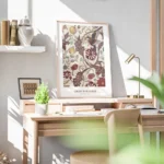 affiche avec un motif doiseau et de fleurs rouges grises et beiges sur un fond c bureau.webp