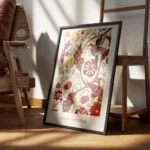 affiche avec un motif doiseau et de fleurs rouges grises et beiges sur un fond c encadre.webp