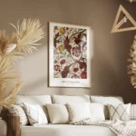affiche avec un motif doiseau et de fleurs rouges grises et beiges sur un fond c salon.webp