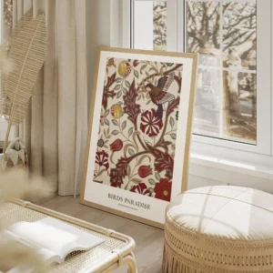 affiche avec un motif doiseau et de fleurs rouges grises et beiges sur un fond c salon beige.webp