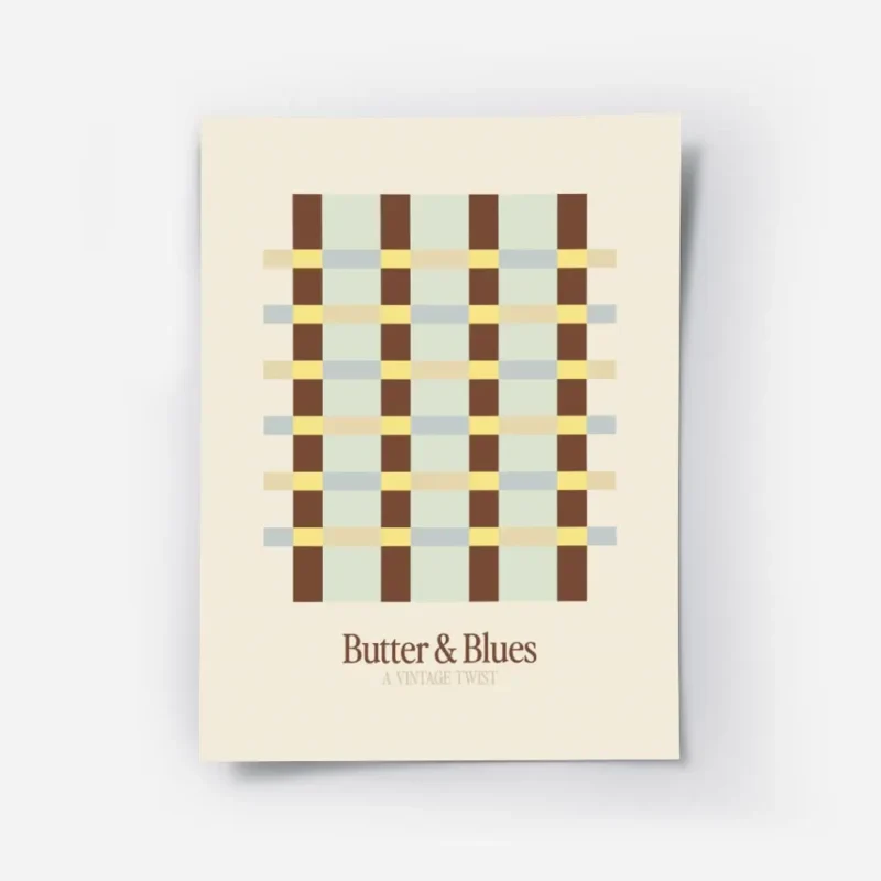 affiche avec un motif ecossais marron jaune et bleu clair sur fond beige.webp