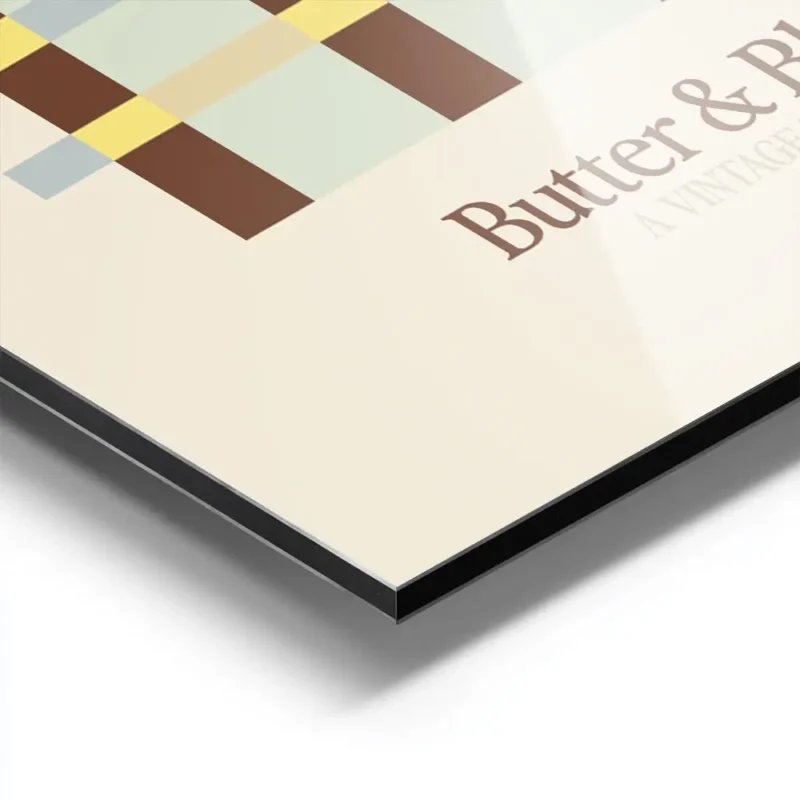 affiche avec un motif ecossais marron jaune et bleu clair sur fond beige aluminium.webp