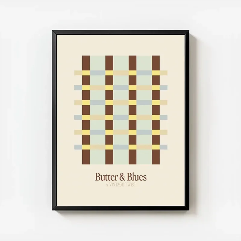 affiche avec un motif ecossais marron jaune et bleu clair sur fond beige avec cadre.webp