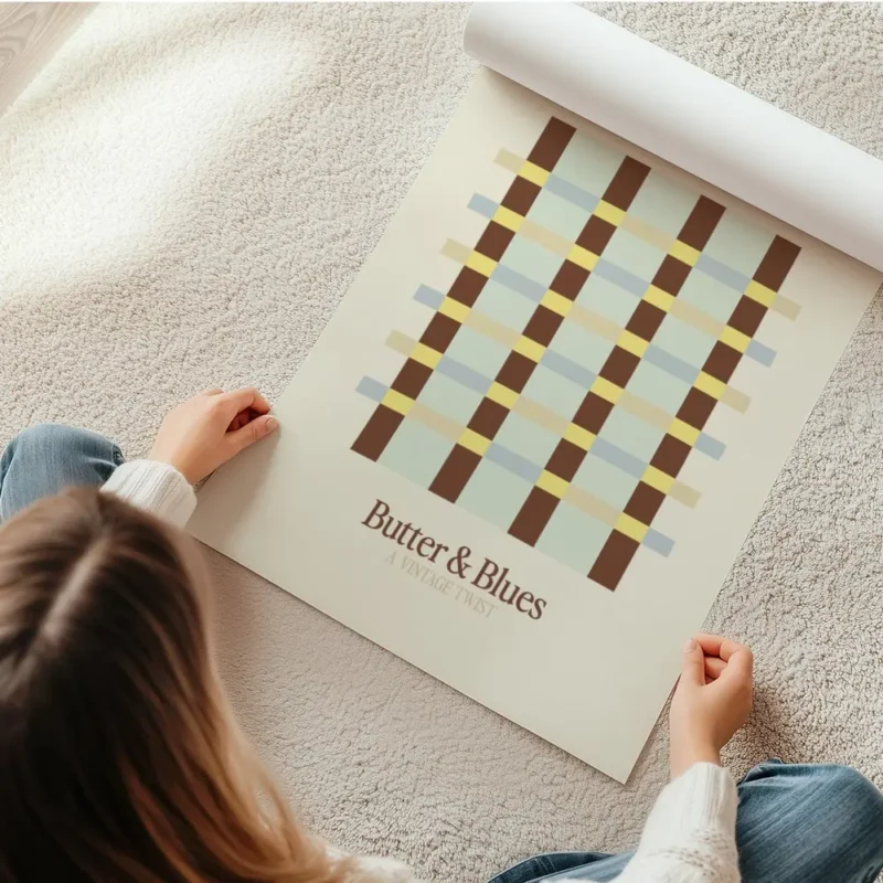 affiche avec un motif ecossais marron jaune et bleu clair sur fond beige en rouleau.webp