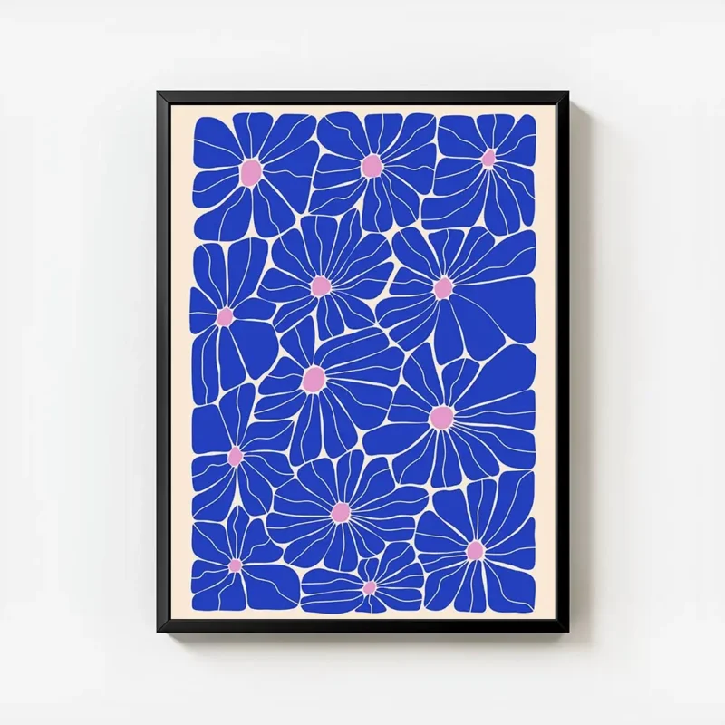 affiche avec un motif floral colore de fleurs bleues aux c urs roses sur fond be avec cadre.webp