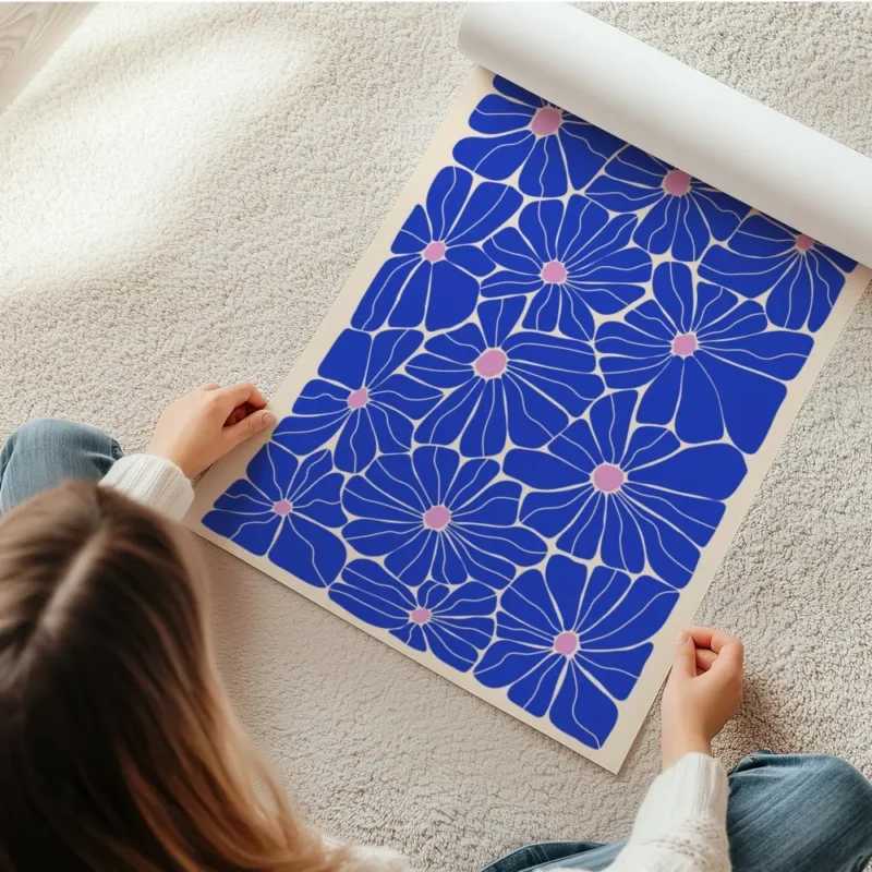 affiche avec un motif floral colore de fleurs bleues aux c urs roses sur fond be en rouleau.webp