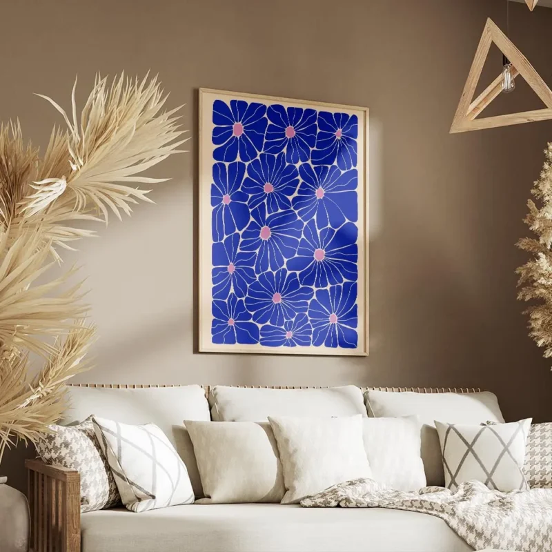 affiche avec un motif floral colore de fleurs bleues aux c urs roses sur fond be salon.webp