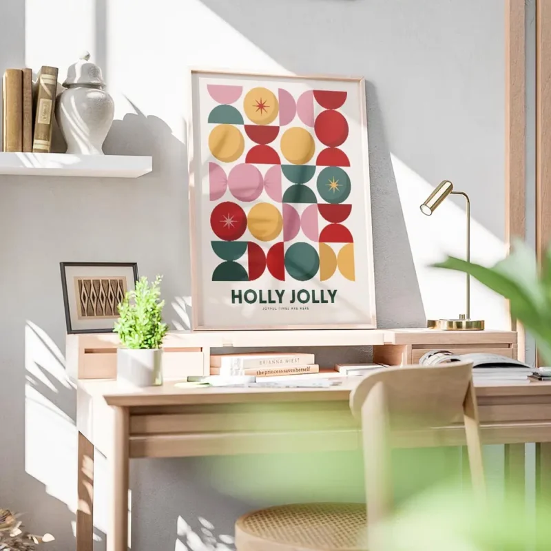 affiche avec un motif geometrique de cercles et demi cercles colores en grille a bureau.webp