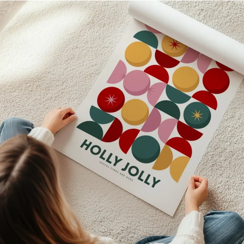 affiche avec un motif geometrique de cercles et demi cercles colores en grille a en rouleau.webp