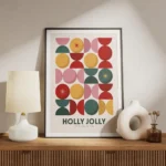 affiche avec un motif geometrique de cercles et demi cercles colores en grille a meuble.webp