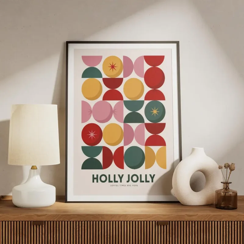 affiche avec un motif geometrique de cercles et demi cercles colores en grille a meuble.webp