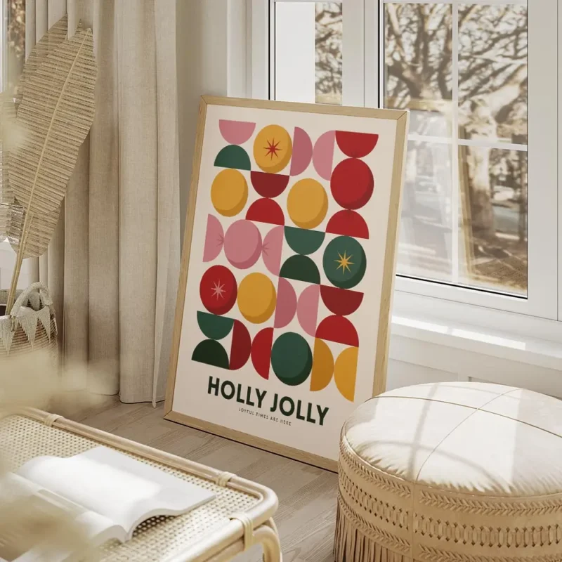 affiche avec un motif geometrique de cercles et demi cercles colores en grille a salon beige.webp