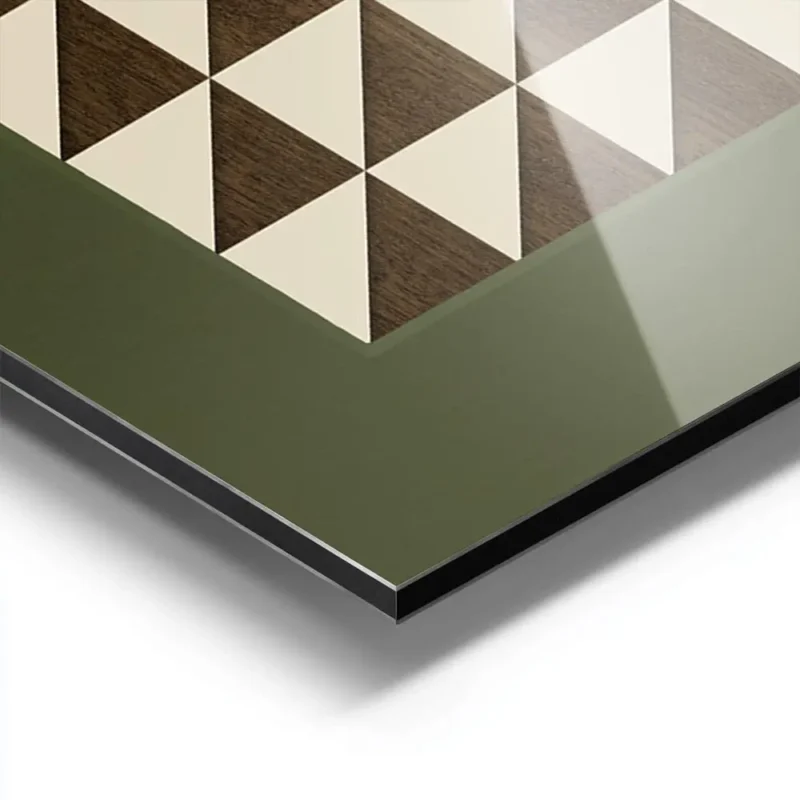 affiche avec un motif geometrique de triangles beiges et marron sur fond vert aluminium.webp