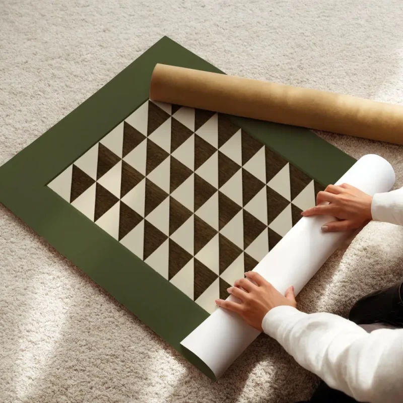 affiche avec un motif geometrique de triangles beiges et marron sur fond vert enroule.webp