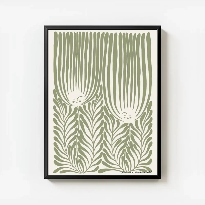 affiche avec un motif stylise de deux visages souriants aux cheveux et corps de avec cadre.webp