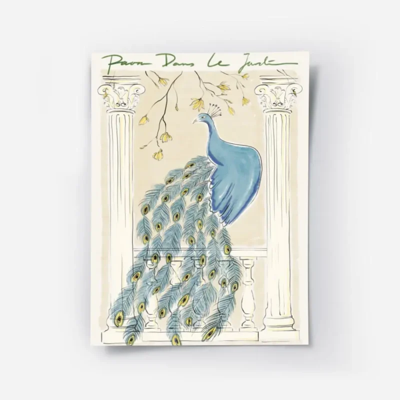affiche avec un paon bleu elegant sur un balcon ses plumes setendent sur les bal.webp