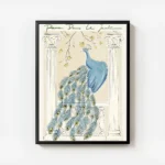 affiche avec un paon bleu elegant sur un balcon ses plumes setendent sur les bal avec cadre.webp