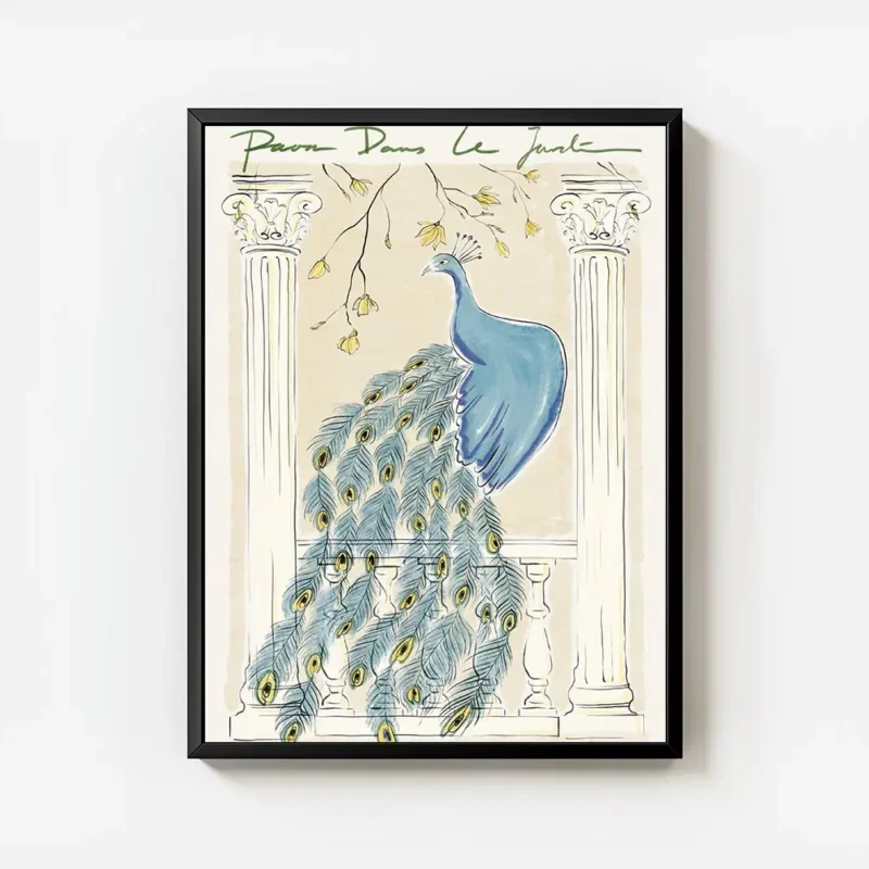 affiche avec un paon bleu elegant sur un balcon ses plumes setendent sur les bal avec cadre.webp