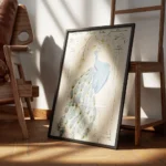 affiche avec un paon bleu elegant sur un balcon ses plumes setendent sur les bal encadre.webp
