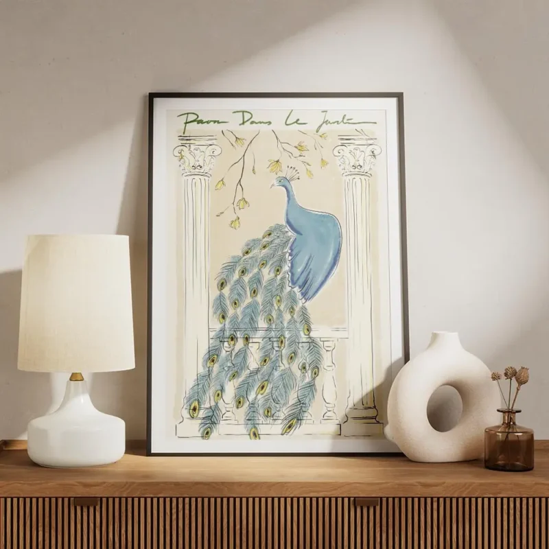 affiche avec un paon bleu elegant sur un balcon ses plumes setendent sur les bal meuble.webp