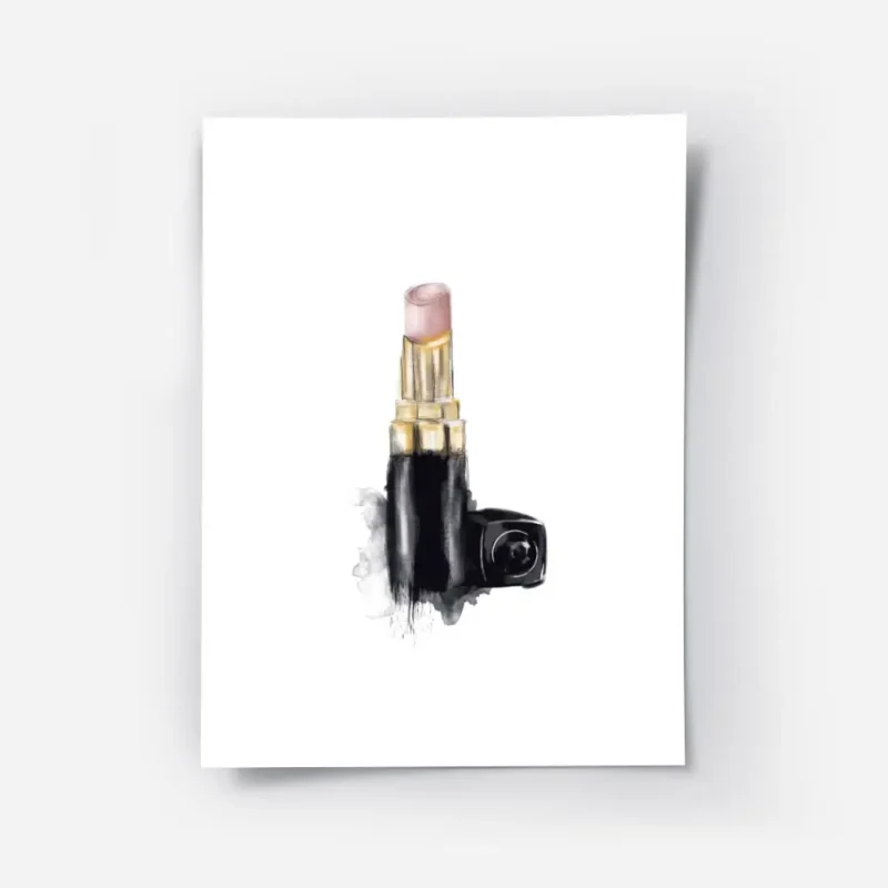 affiche avec un rouge a levres chanel rose pale et dore sur fond blanc avec une .webp