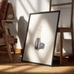 affiche avec un rouge a levres chanel rose pale et dore sur fond blanc avec une encadre.webp