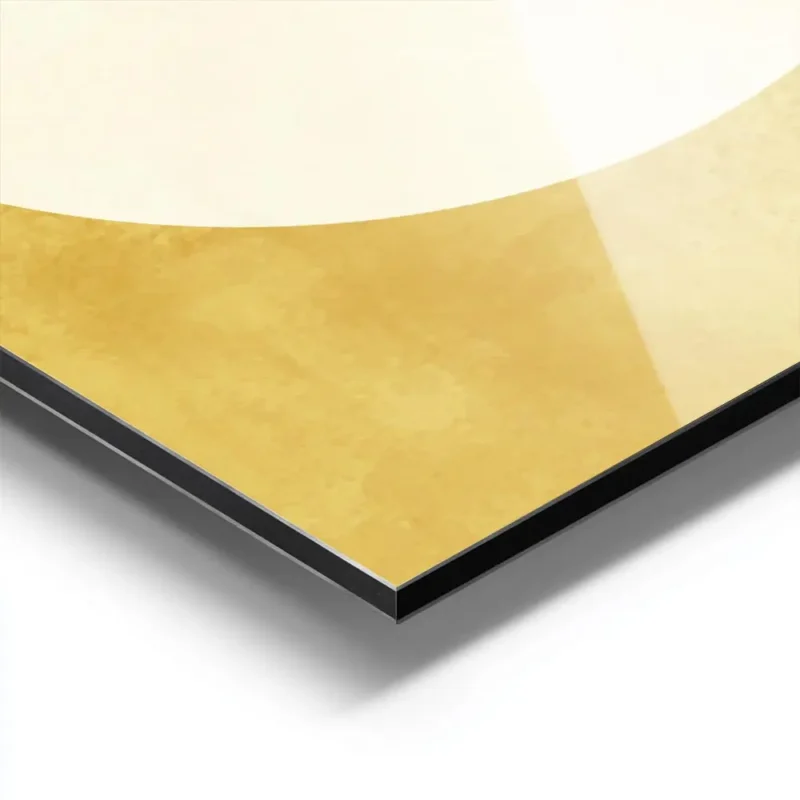affiche avec un soleil jaune pale et des oiseaux noirs volant autour sur fond te aluminium.webp