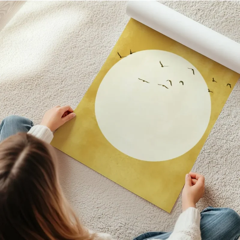 affiche avec un soleil jaune pale et des oiseaux noirs volant autour sur fond te en rouleau.webp
