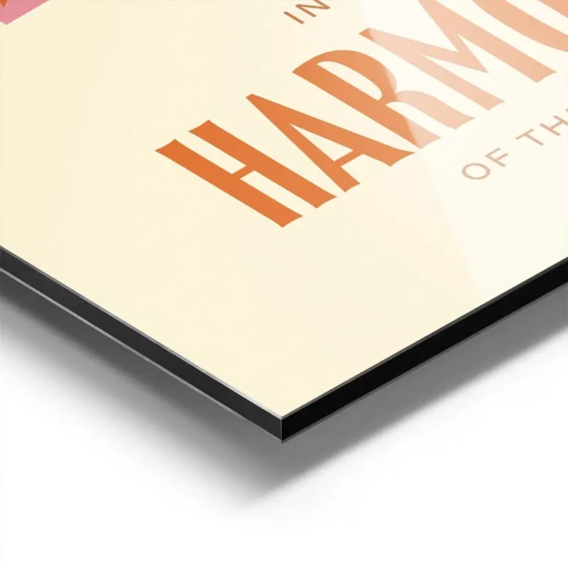 affiche avec un soleil orange sur un carre rose et le texte in the harmony of th aluminium.webp