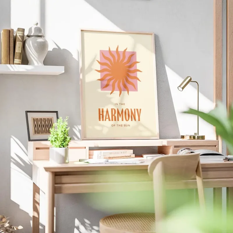 affiche avec un soleil orange sur un carre rose et le texte in the harmony of th bureau.webp